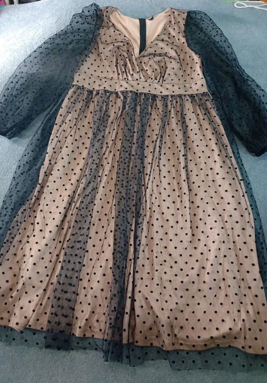 SHEIN CURVE Polka Dot Mesh Overlay Dress Black Tan Long Sleeve Party Event 1XL - Picture 13 of 16